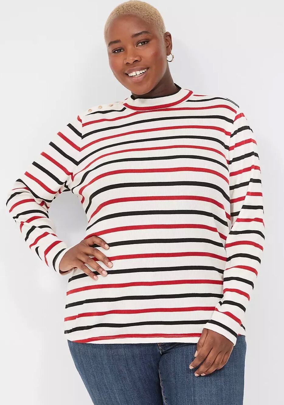 NEW Lane Bryant Long Sleeve Turtleneck Top Ribbed Knit Striped Red White 26/28